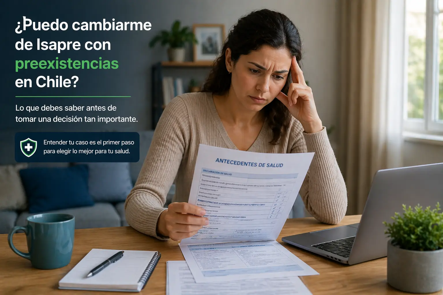 persona evaluando cambiarse de isapre con preexistencias en Chile revisando antecedentes de salud