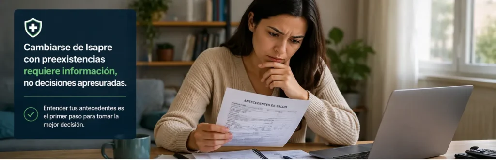 persona evaluando cambiarse de isapre con preexistencias en Chile revisando antecedentes de salud